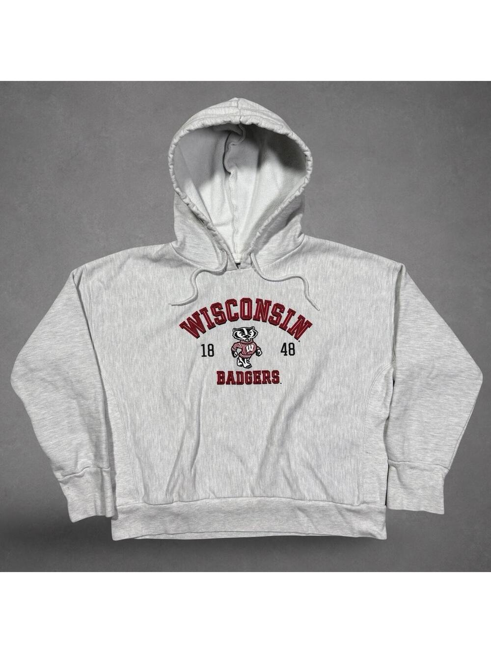 Vintage Champion Wisconsin Badgers Reverse Weave Hoodie XL Gray Bucky